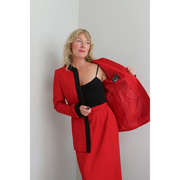 1980's Vintage Custom Tailored Red Skirt & Blazer Korean Suit Set Womens SM 4 6 - Picture 2 of 10